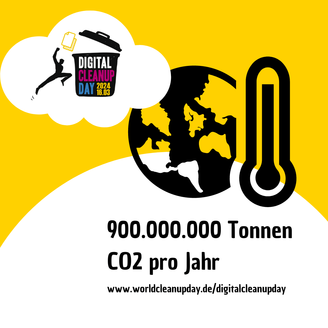 Eine Wolke mit dem Logo vom Digital Cleanup Day am 16.03.2024 über der Erde und daneben ein Thermometer. Darunter steht folgender Text: 900 Millionen Tonnen CO2 pro Jahr